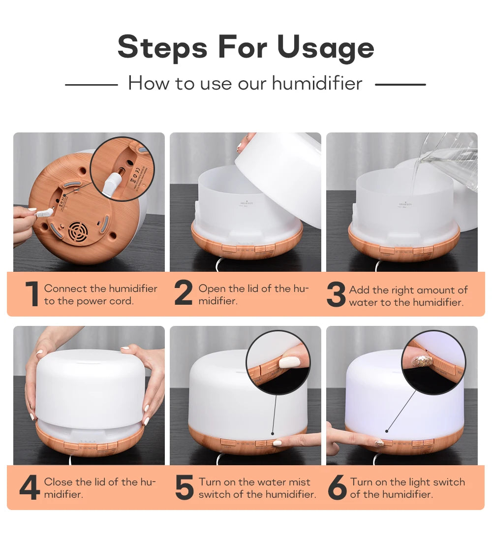 Air Humidifier & Essential Oil Diffuser - 300ml/500ml/1000ml with Lights, Remote Control, Ultrasonic Electric Aromatherapy