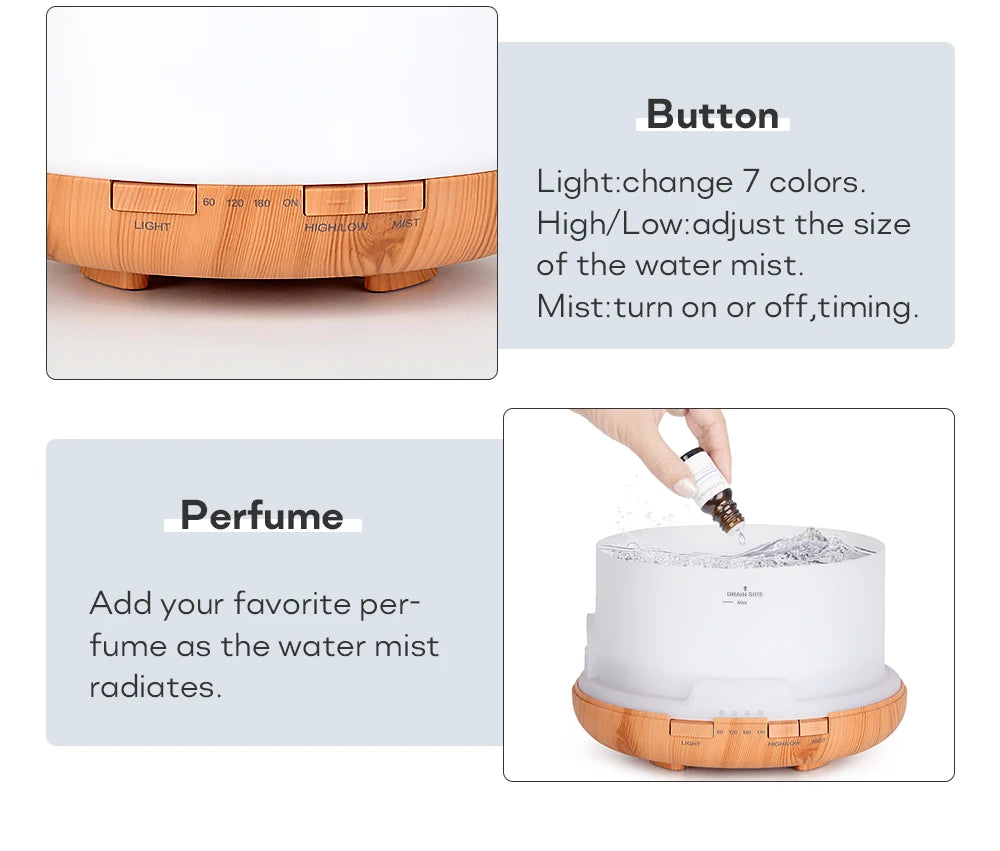 Air Humidifier & Essential Oil Diffuser - 300ml/500ml/1000ml with Lights, Remote Control, Ultrasonic Electric Aromatherapy