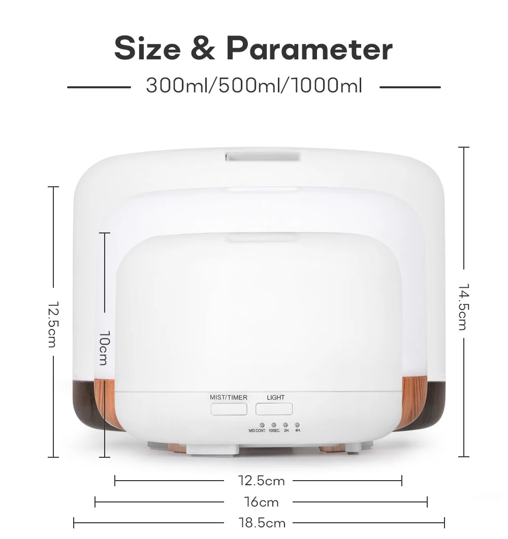 Air Humidifier & Essential Oil Diffuser - 300ml/500ml/1000ml with Lights, Remote Control, Ultrasonic Electric Aromatherapy