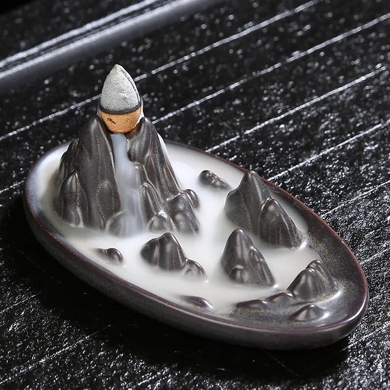 Black Ceramic Incense Burner Back Flow Aromatherapy Cones Stick Holder Smoke Waterfall Incense Decoration for Home