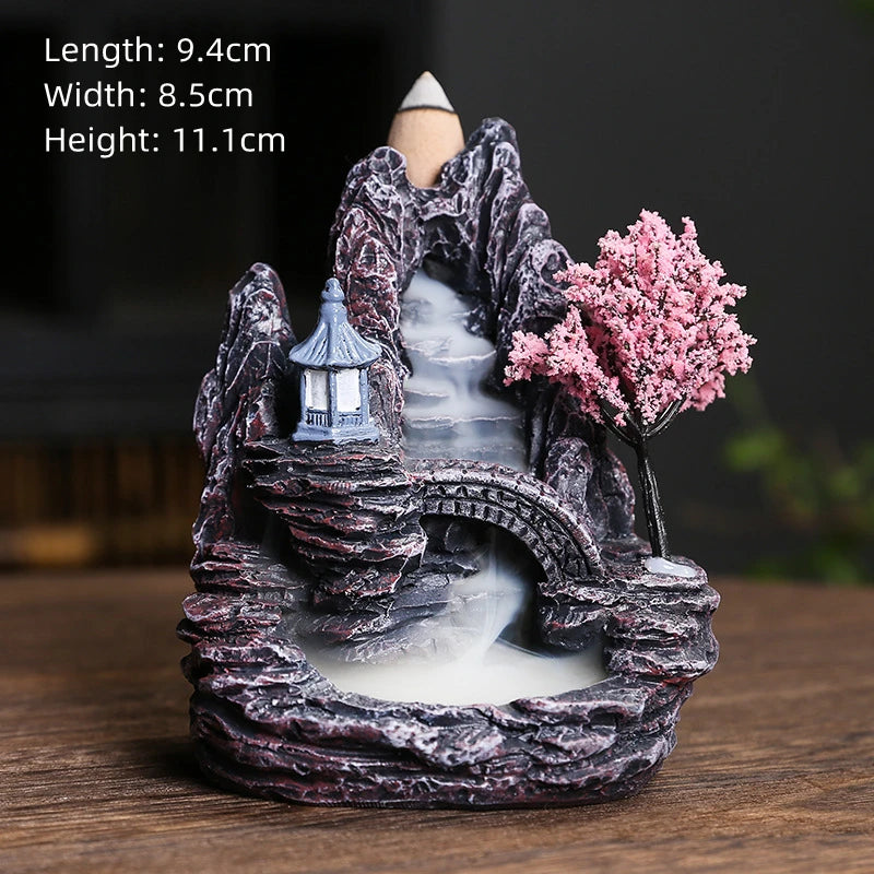 Dreamy High Peak Waterfall Incense Burner – Hand-finished resin sculpture designed for backflow cones. Watch in awe as scented smoke flows downward like morning mist over towering mountains—pure tranquility and visual poetry