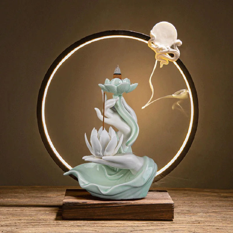 Exquisite Buddha’s Hand Holding Lotus LED Backflow Incense Burner – Pure handmade masterpiece in classic Chinese style. As the backflow cone burns, fragrant smoke gently cascades from the sacred lotus into the serene palm