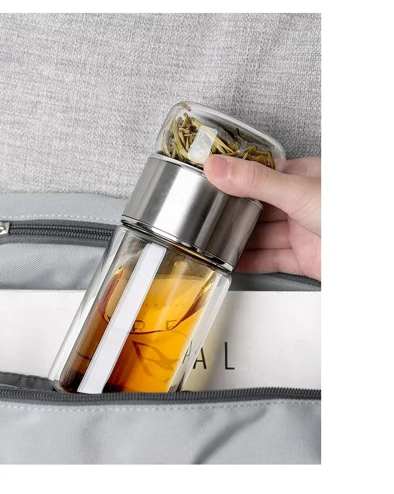 420ml High Borosilicate Glass Tea Infuser Bottle - Double Layer Vacuum Insulated Tumbler with Tea Filter for On-the-Go Drinkware