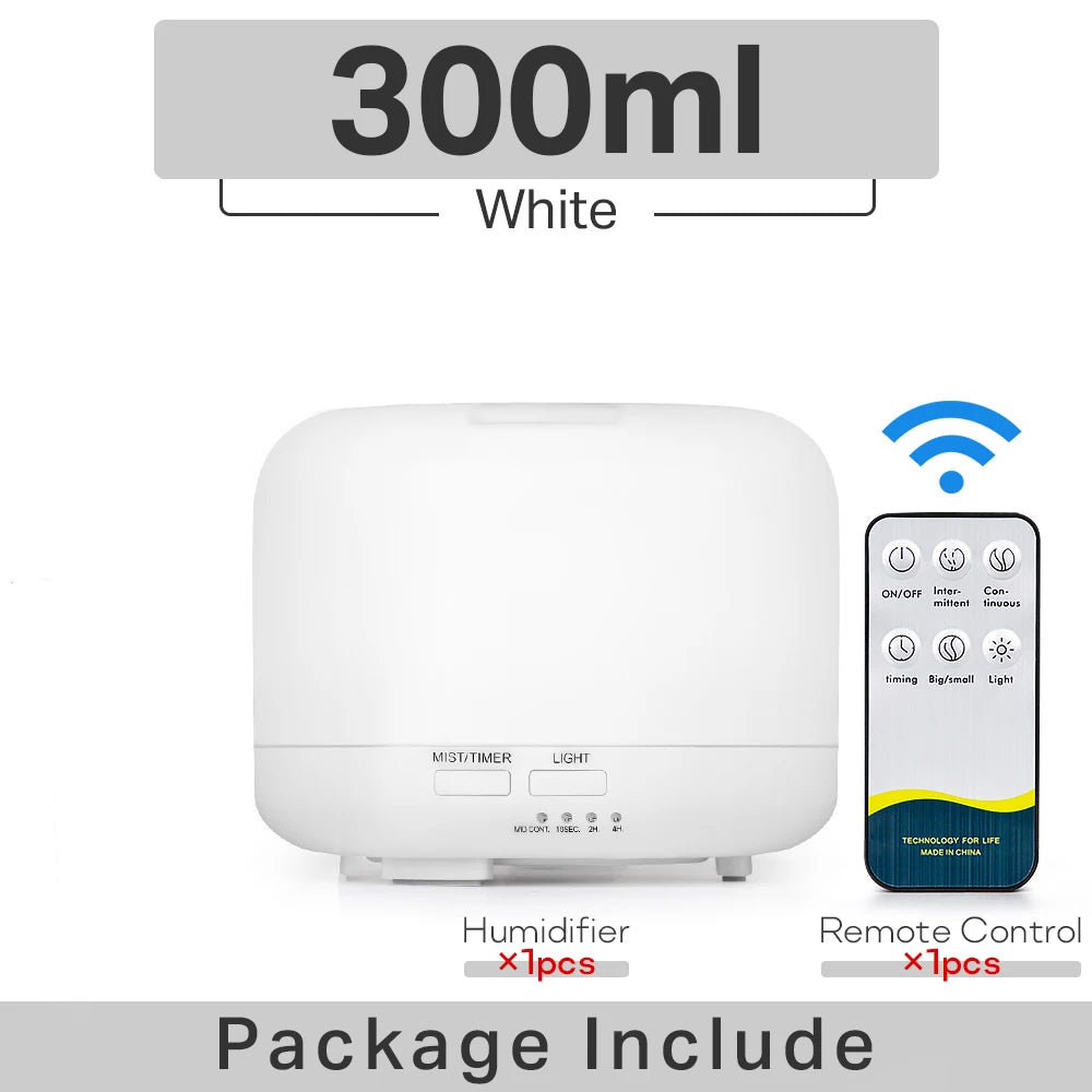 Air Humidifier & Essential Oil Diffuser - 300ml/500ml/1000ml with Lights, Remote Control, Ultrasonic Electric Aromatherapy