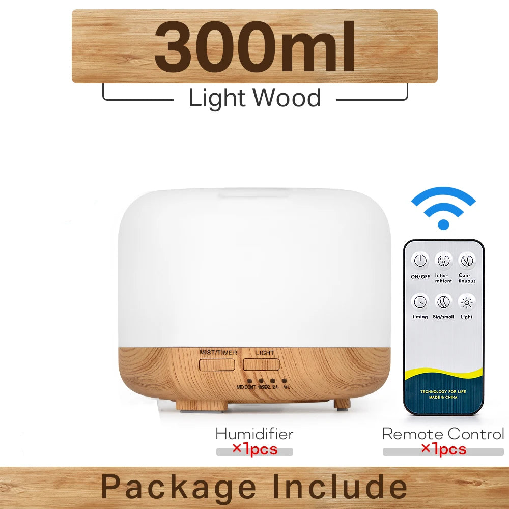Air Humidifier & Essential Oil Diffuser - 300ml/500ml/1000ml with Lights, Remote Control, Ultrasonic Electric Aromatherapy