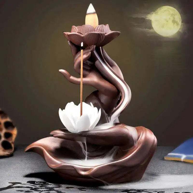 Exquisite Buddha’s Hand Holding Lotus LED Backflow Incense Burner – Pure handmade masterpiece in classic Chinese style. As the backflow cone burns, fragrant smoke gently cascades from the sacred lotus into the serene palm