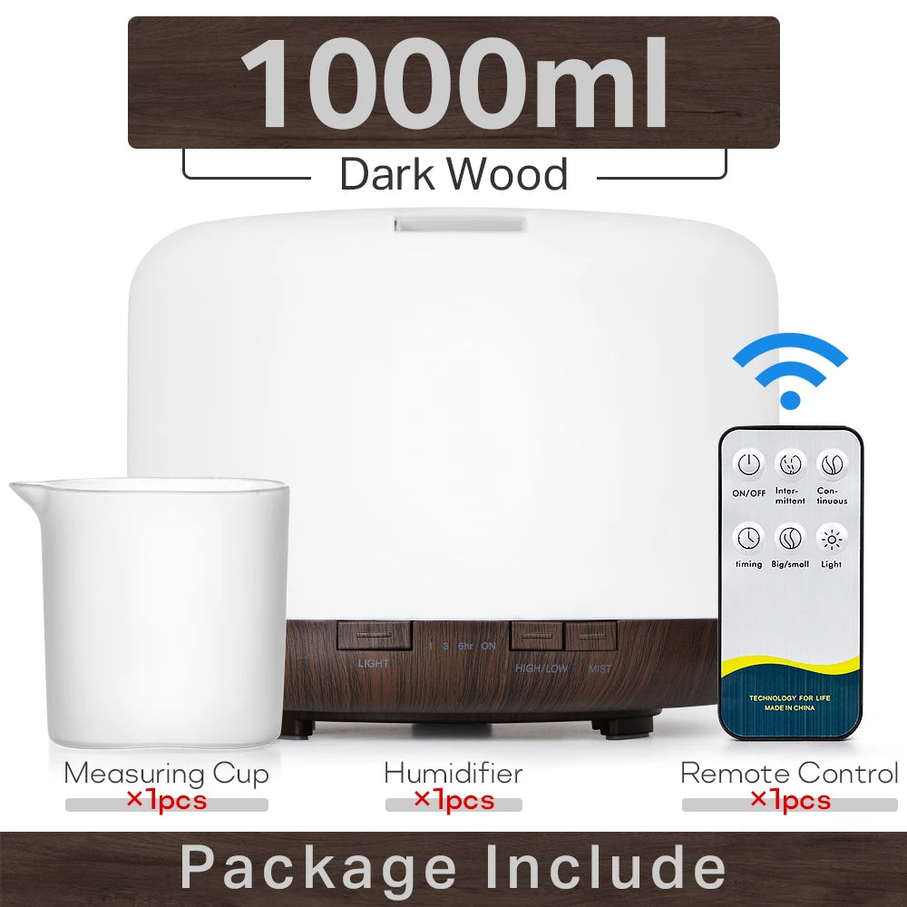 Air Humidifier & Essential Oil Diffuser - 300ml/500ml/1000ml with Lights, Remote Control, Ultrasonic Electric Aromatherapy