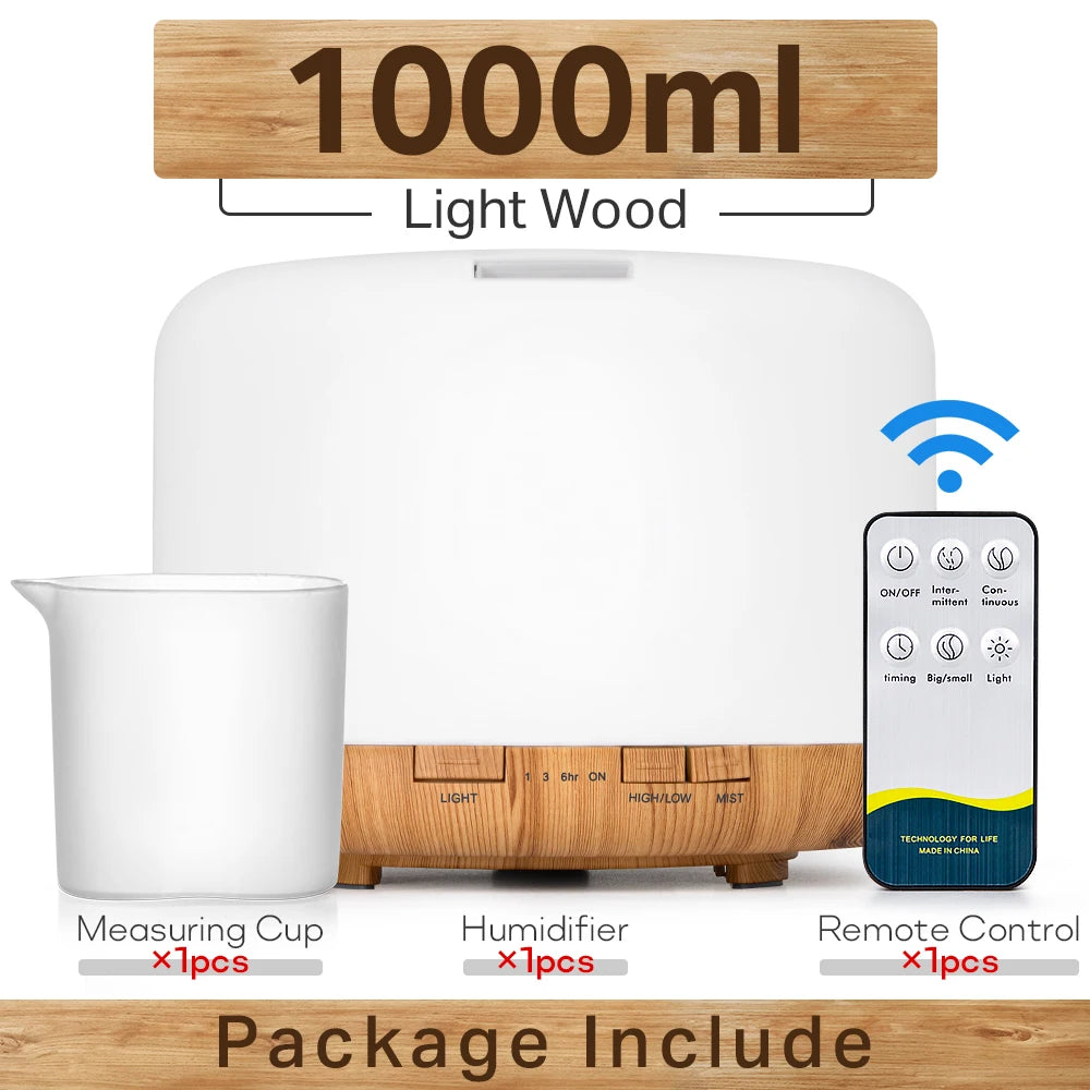 Air Humidifier & Essential Oil Diffuser - 300ml/500ml/1000ml with Lights, Remote Control, Ultrasonic Electric Aromatherapy