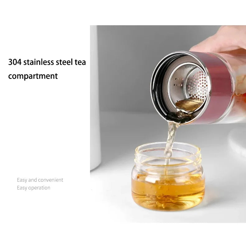 420ml High Borosilicate Glass Tea Infuser Bottle - Double Layer Vacuum Insulated Tumbler with Tea Filter for On-the-Go Drinkware