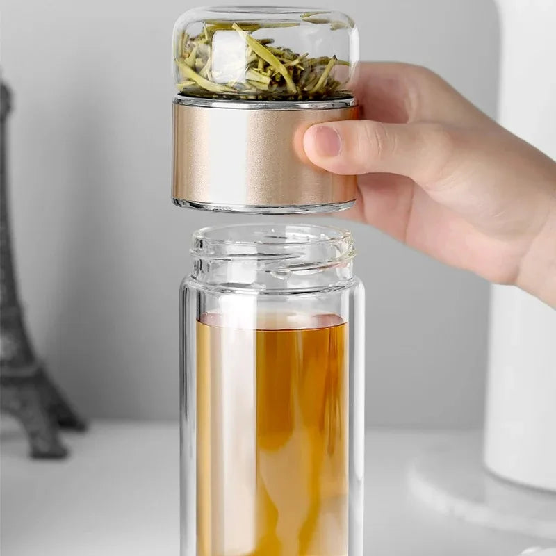 420ml High Borosilicate Glass Tea Infuser Bottle - Double Layer Vacuum Insulated Tumbler with Tea Filter for On-the-Go Drinkware
