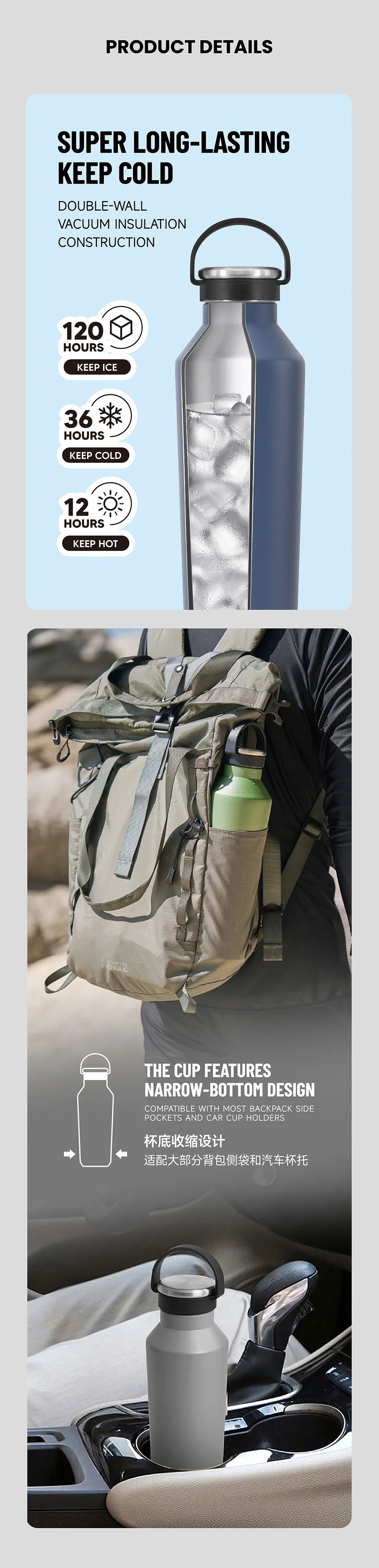 Tyeso 500ml Vacuum Insulated Water Bottle - Leak-Proof, Durable, Matte Finish with Portable Handle for Outdoor Sports