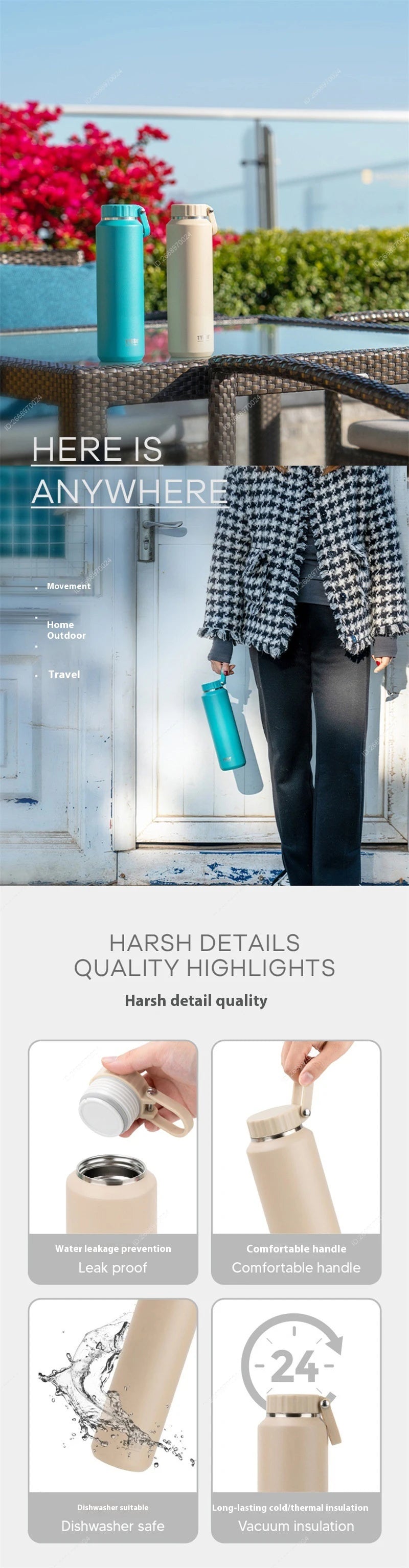 Tyeso Large Capacity Insulated Sport Water Bottle - Easy-Pull, Leak-Proof Travel Mug with Handle for Men and Women