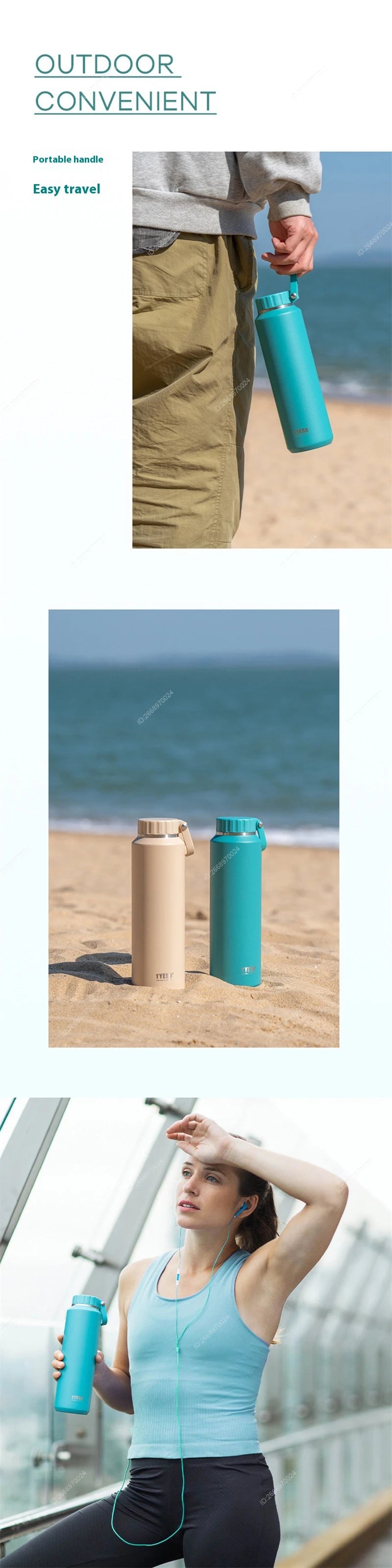 Tyeso Large Capacity Insulated Sport Water Bottle - Easy-Pull, Leak-Proof Travel Mug with Handle for Men and Women