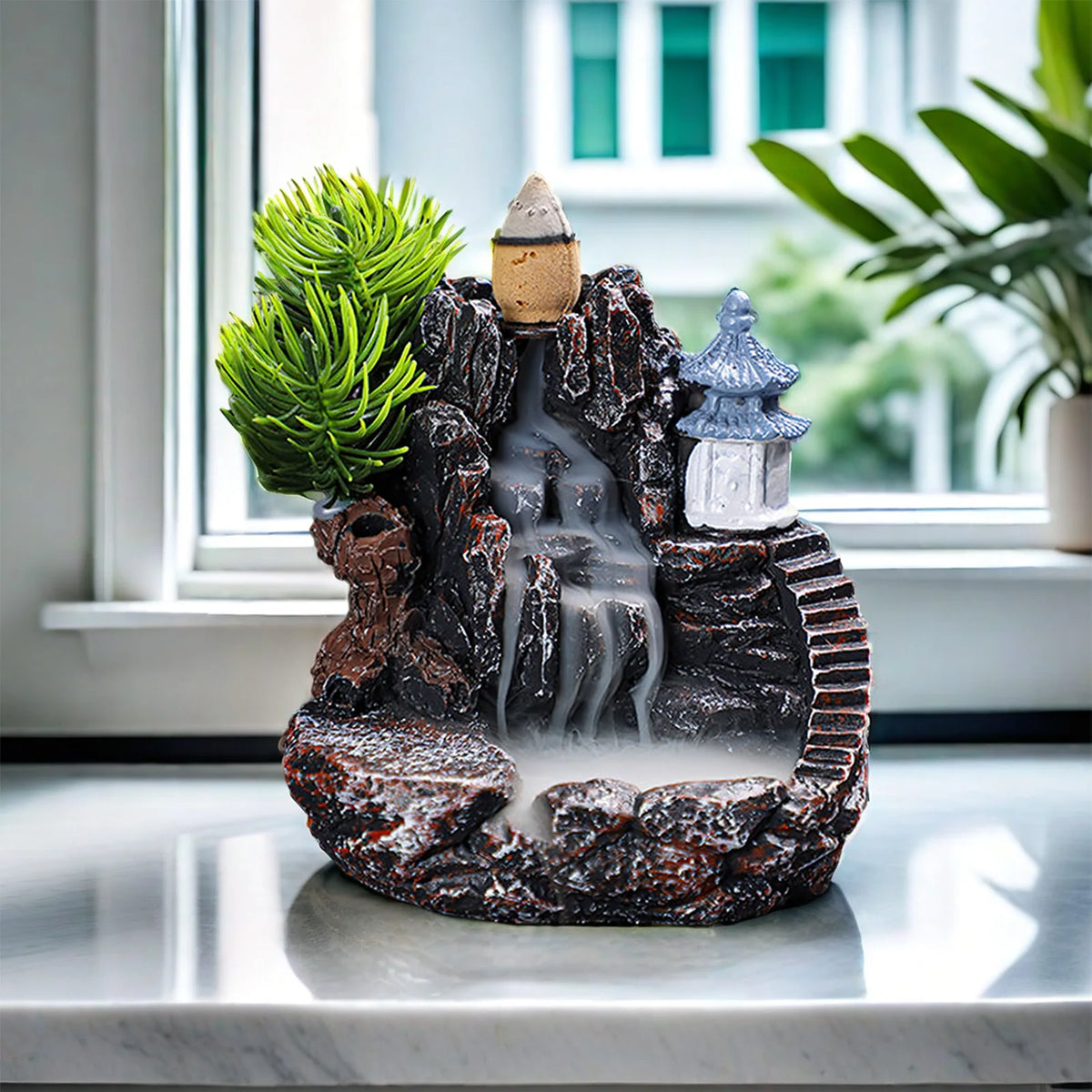 Dreamy High Peak Waterfall Incense Burner – Hand-finished resin sculpture designed for backflow cones. Watch in awe as scented smoke flows downward like morning mist over towering mountains—pure tranquility and visual poetry