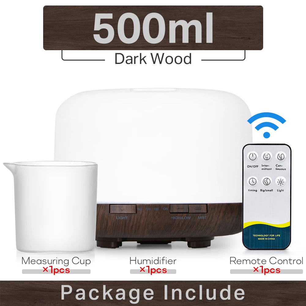 Air Humidifier & Essential Oil Diffuser - 300ml/500ml/1000ml with Lights, Remote Control, Ultrasonic Electric Aromatherapy