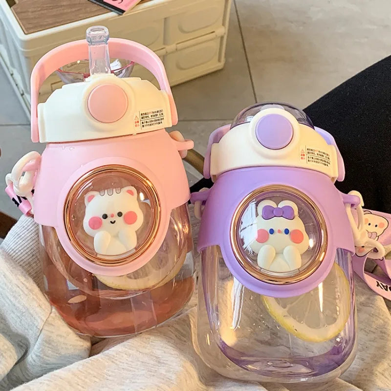 820ml Kids Water Bottle with Straw - Cute Kawaii Cartoon Design for Girls, Large Capacity for School, Student Travel