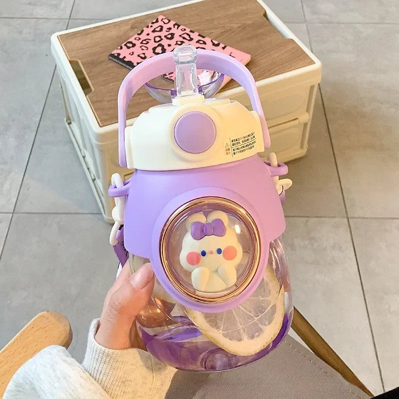 820ml Kids Water Bottle with Straw - Cute Kawaii Cartoon Design for Girls, Large Capacity for School, Student Travel