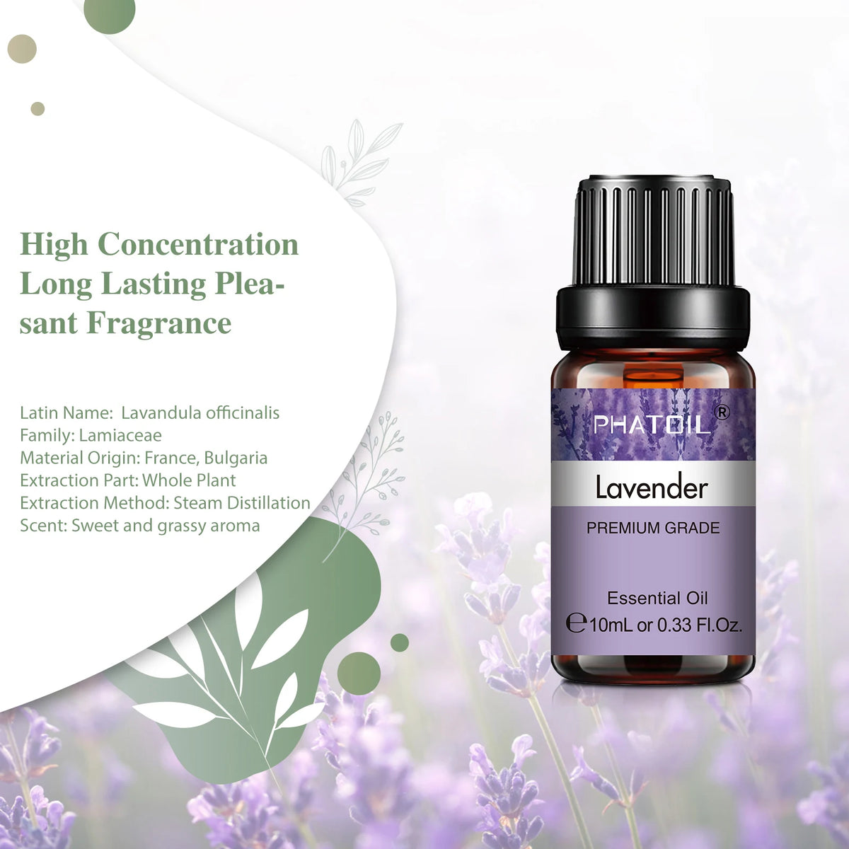 10ml Pure Natural Lavender Essential Oil - For Diffuser, Humidifier, Aromatherapy; Jasmine & Vanilla Scents for Skin Care & DIY Soap