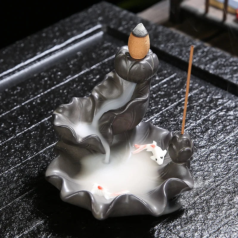 Black Ceramic Incense Burner Back Flow Aromatherapy Cones Stick Holder Smoke Waterfall Incense Decoration for Home