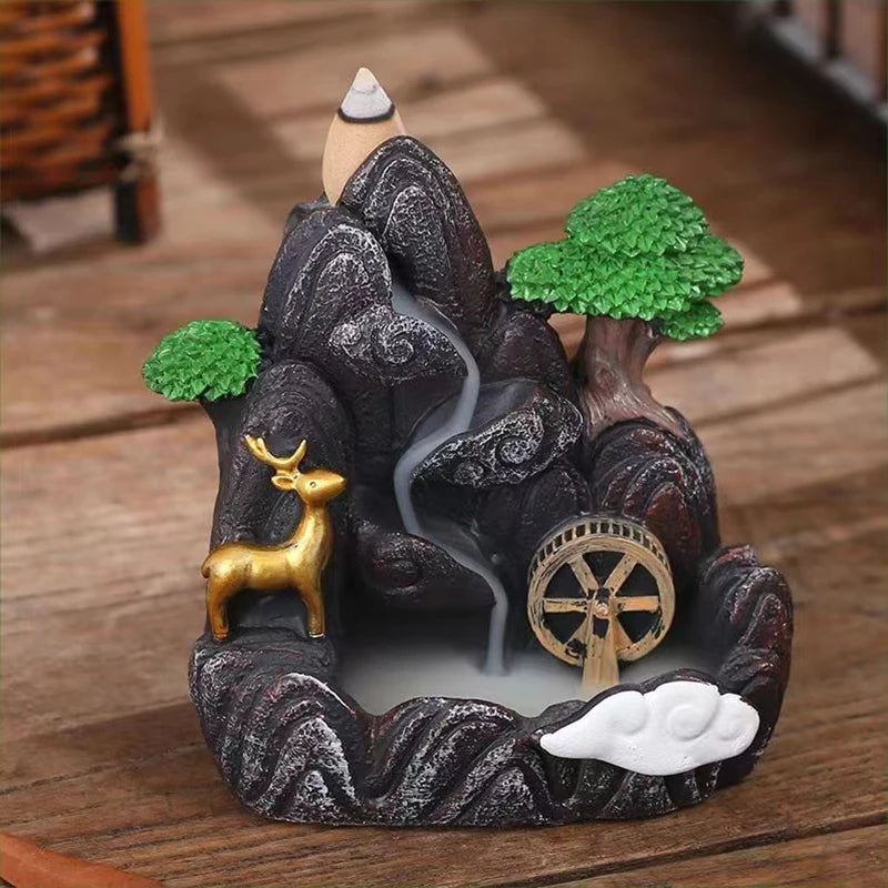 Dreamy High Peak Waterfall Incense Burner – Hand-finished resin sculpture designed for backflow cones. Watch in awe as scented smoke flows downward like morning mist over towering mountains—pure tranquility and visual poetry