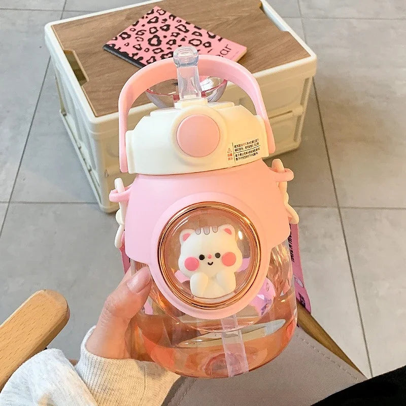 820ml Kids Water Bottle with Straw - Cute Kawaii Cartoon Design for Girls, Large Capacity for School, Student Travel