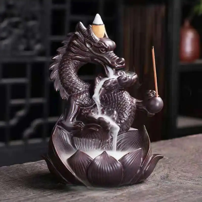 Mesmerizing Lotus Dragon Backflow Incense Burner – Watch fragrant smoke cascade like a mystical waterfall through handcrafted ceramic lotus petals and fierce dragon
