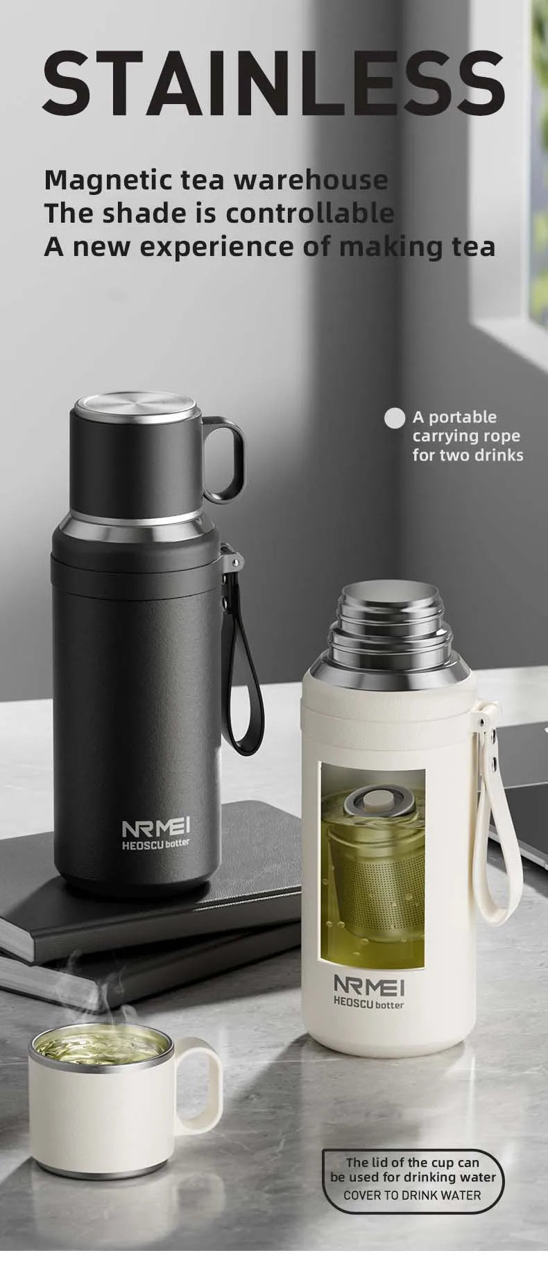 Stainless Steel Thermos Bottle with Magnetic Control, Outdoor Portable Flask, Insulated Water Bottle, Tea Warehouse, 316L