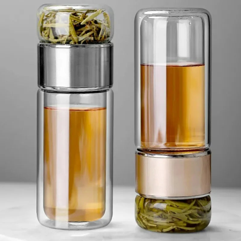 420ml High Borosilicate Glass Tea Infuser Bottle - Double Layer Vacuum Insulated Tumbler with Tea Filter for On-the-Go Drinkware