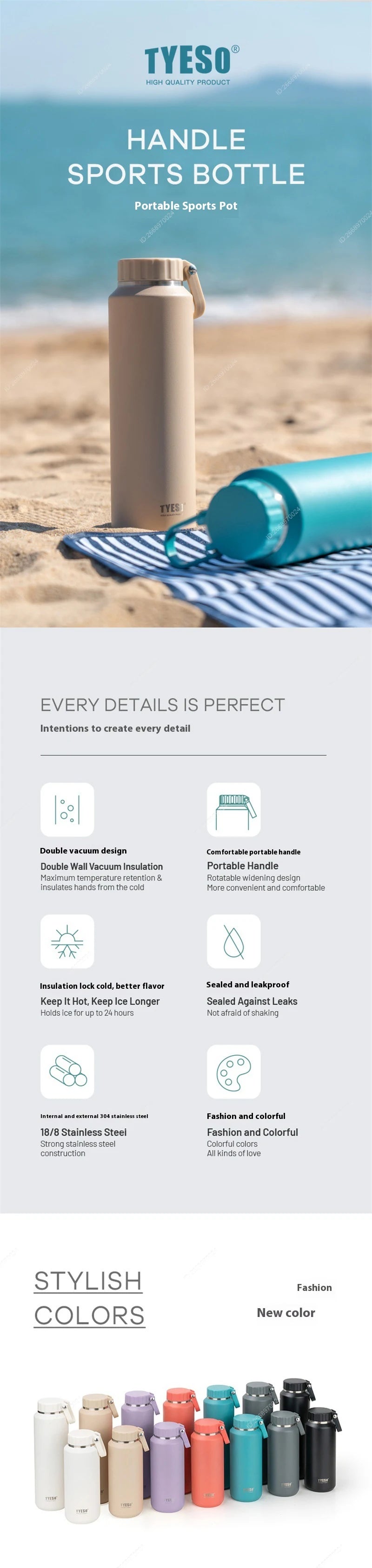 Tyeso Large Capacity Insulated Sport Water Bottle - Easy-Pull, Leak-Proof Travel Mug with Handle for Men and Women