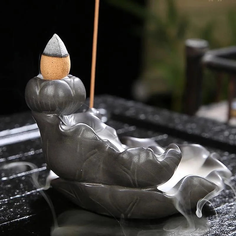 Black Ceramic Incense Burner Back Flow Aromatherapy Cones Stick Holder Smoke Waterfall Incense Decoration for Home