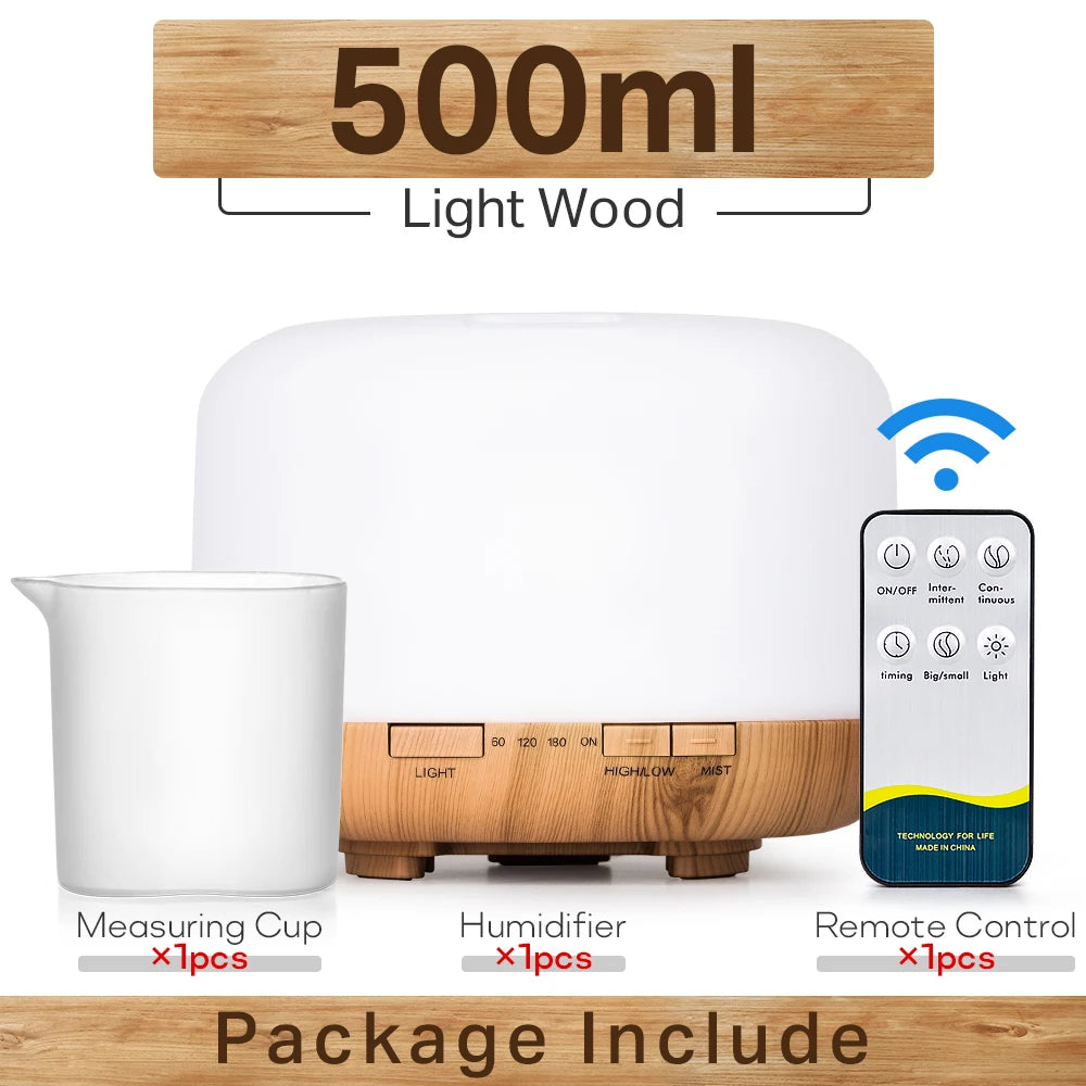Air Humidifier & Essential Oil Diffuser - 300ml/500ml/1000ml with Lights, Remote Control, Ultrasonic Electric Aromatherapy