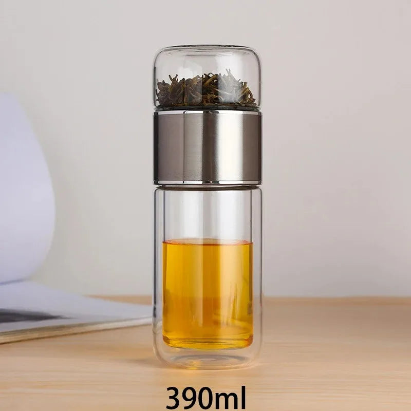 420ml High Borosilicate Glass Tea Infuser Bottle - Double Layer Vacuum Insulated Tumbler with Tea Filter for On-the-Go Drinkware