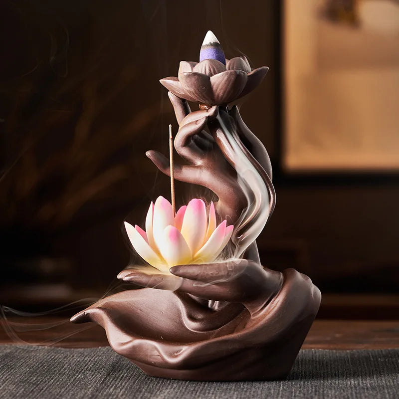 Exquisite Buddha’s Hand Holding Lotus LED Backflow Incense Burner – Pure handmade masterpiece in classic Chinese style. As the backflow cone burns, fragrant smoke gently cascades from the sacred lotus into the serene palm