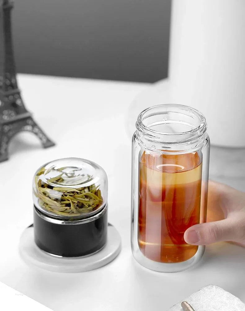 420ml High Borosilicate Glass Tea Infuser Bottle - Double Layer Vacuum Insulated Tumbler with Tea Filter for On-the-Go Drinkware