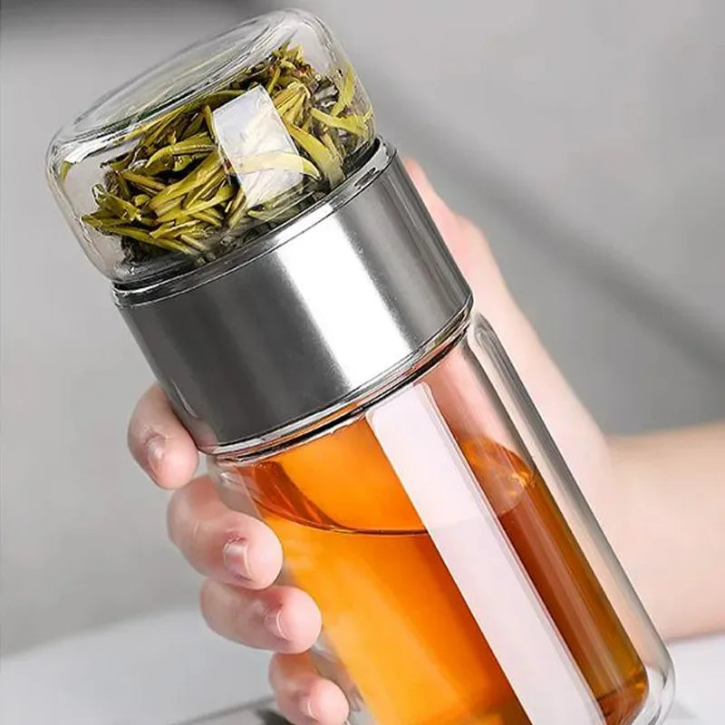 420ml High Borosilicate Glass Tea Infuser Bottle - Double Layer Vacuum Insulated Tumbler with Tea Filter for On-the-Go Drinkware