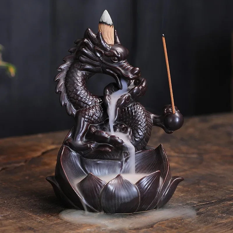 Mesmerizing Lotus Dragon Backflow Incense Burner – Watch fragrant smoke cascade like a mystical waterfall through handcrafted ceramic lotus petals and fierce dragon