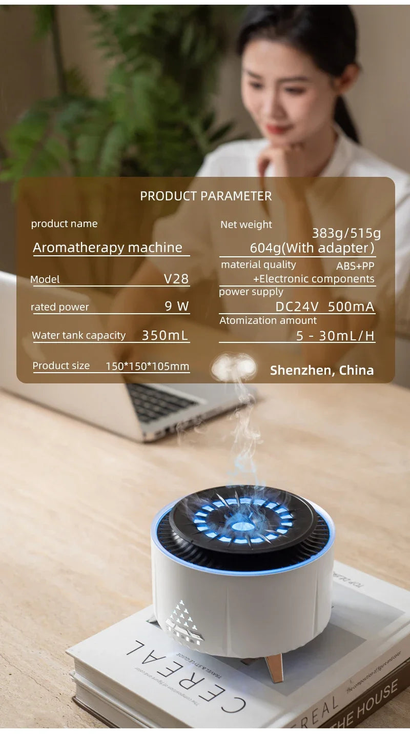 350ml Volcano Flame Air Humidifier - Sleep Aid White Noise Bluetooth Speaker, Essential Oil Diffuser with Remote for Bedroom