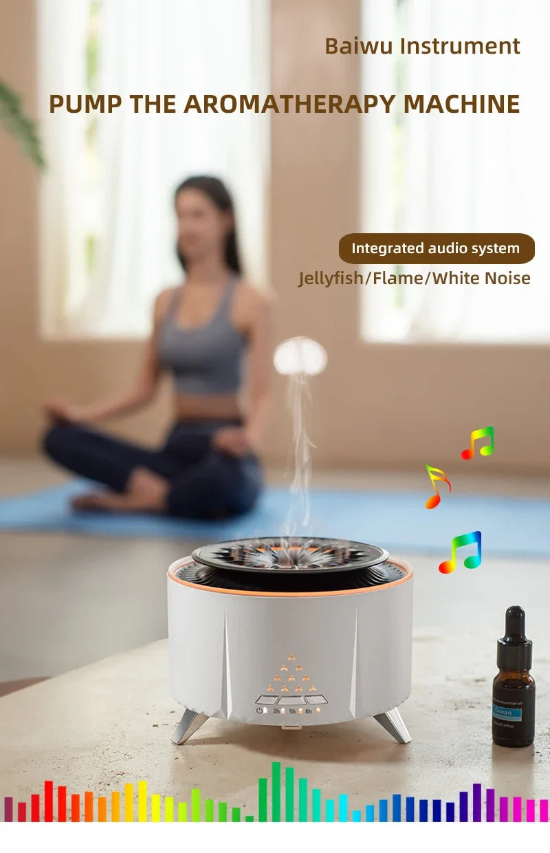 350ml Volcano Flame Air Humidifier - Sleep Aid White Noise Bluetooth Speaker, Essential Oil Diffuser with Remote for Bedroom