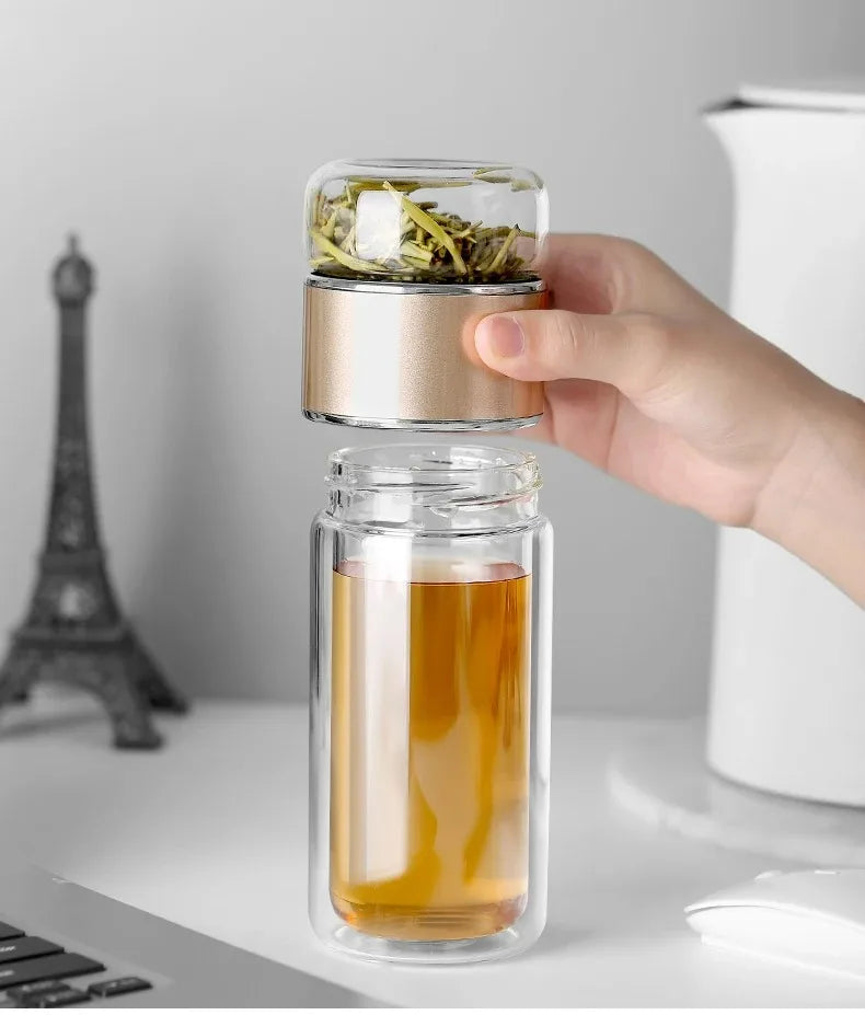 420ml High Borosilicate Glass Tea Infuser Bottle - Double Layer Vacuum Insulated Tumbler with Tea Filter for On-the-Go Drinkware