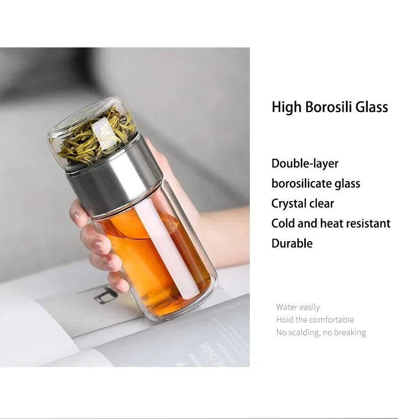 420ml High Borosilicate Glass Tea Infuser Bottle - Double Layer Vacuum Insulated Tumbler with Tea Filter for On-the-Go Drinkware