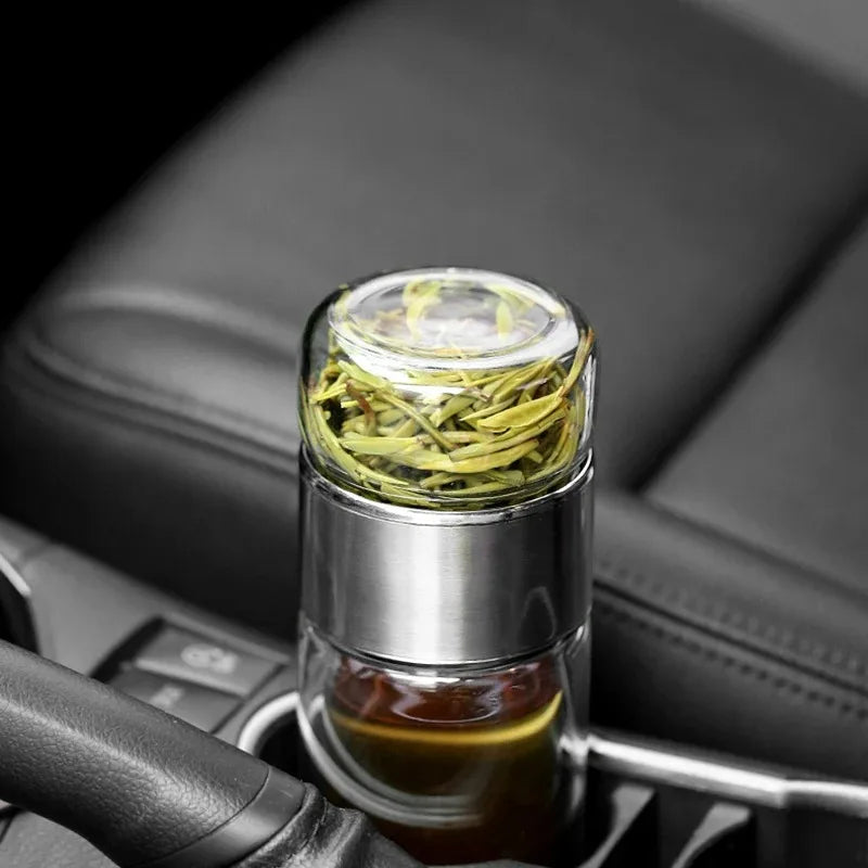 420ml High Borosilicate Glass Tea Infuser Bottle - Double Layer Vacuum Insulated Tumbler with Tea Filter for On-the-Go Drinkware