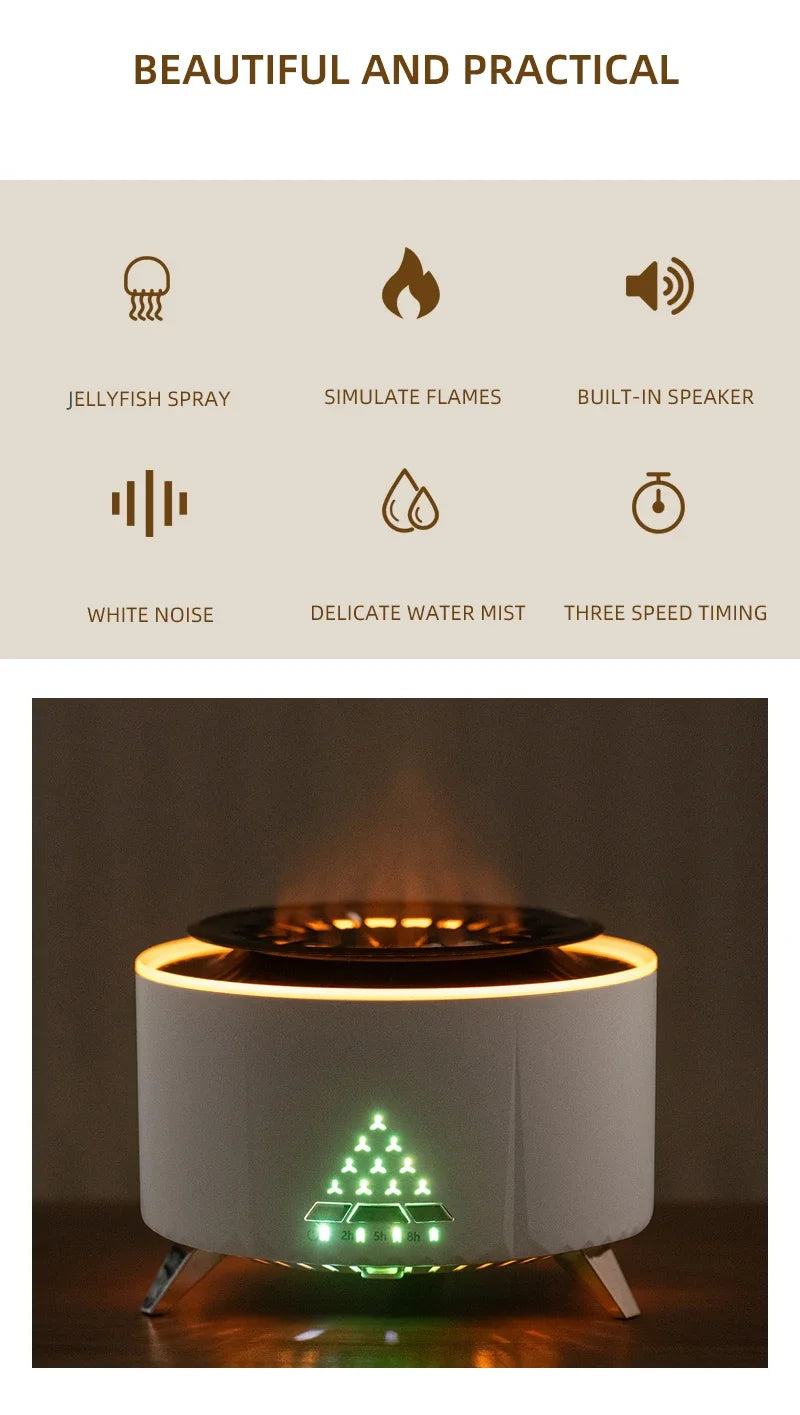 350ml Volcano Flame Air Humidifier - Sleep Aid White Noise Bluetooth Speaker, Essential Oil Diffuser with Remote for Bedroom
